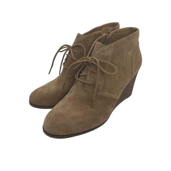 LUCKY BRAND SHYLOW Women SZ 9.5M/41 Brown Suede Leather Wedge Booties Lace Up - Picture 12 of 13